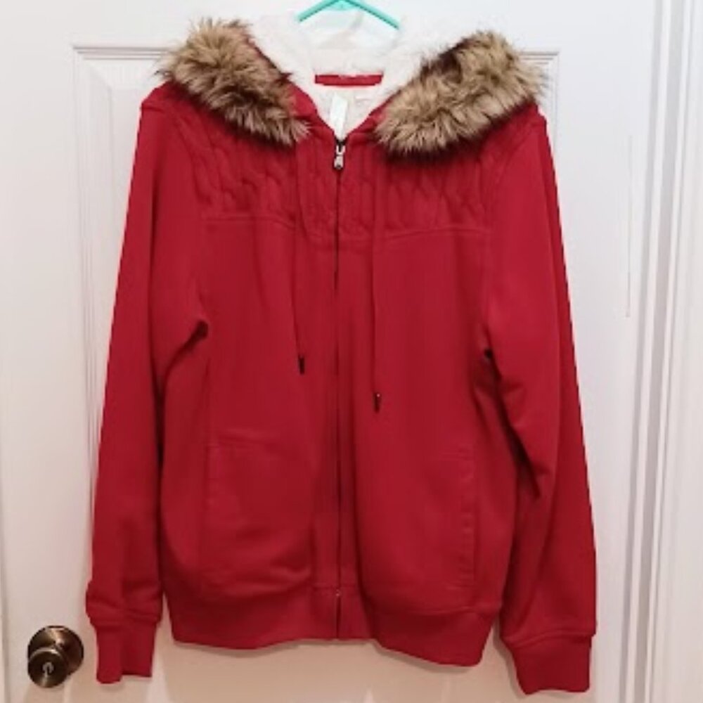 Green Tea Red jacket, size large w/removable fur trimmed hoodie & front zipper